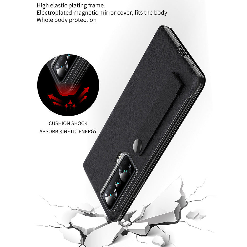 For Honor Magic Vs 5G View Window PU Leather+PC Flip Case Stand Cover with Portable Hand Grip Strap