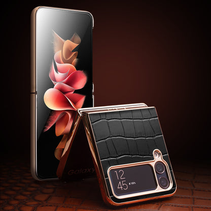 QIALINO Shockproof Case for Samsung Galaxy Z Flip4 5G Hard PC Genuine Leather Cover Anti-Drop Phone Case with Kickstand