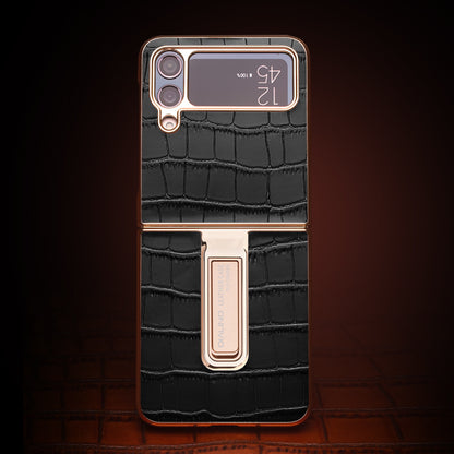 QIALINO Shockproof Case for Samsung Galaxy Z Flip4 5G Hard PC Genuine Leather Cover Anti-Drop Phone Case with Kickstand