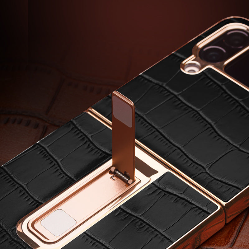 QIALINO Shockproof Case for Samsung Galaxy Z Flip4 5G Hard PC Genuine Leather Cover Anti-Drop Phone Case with Kickstand