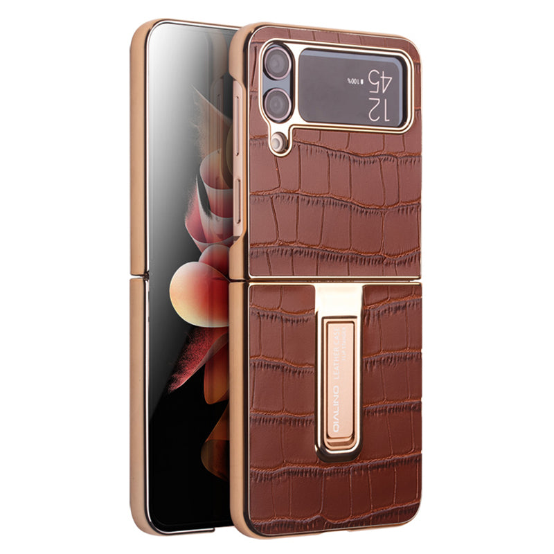 QIALINO Shockproof Case for Samsung Galaxy Z Flip4 5G Hard PC Genuine Leather Cover Anti-Drop Phone Case with Kickstand