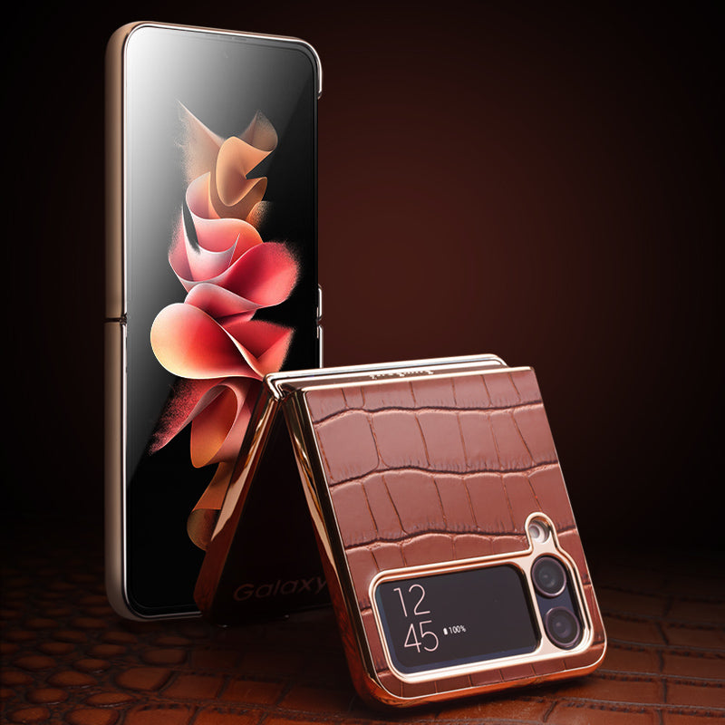 QIALINO Shockproof Case for Samsung Galaxy Z Flip4 5G Hard PC Genuine Leather Cover Anti-Drop Phone Case with Kickstand