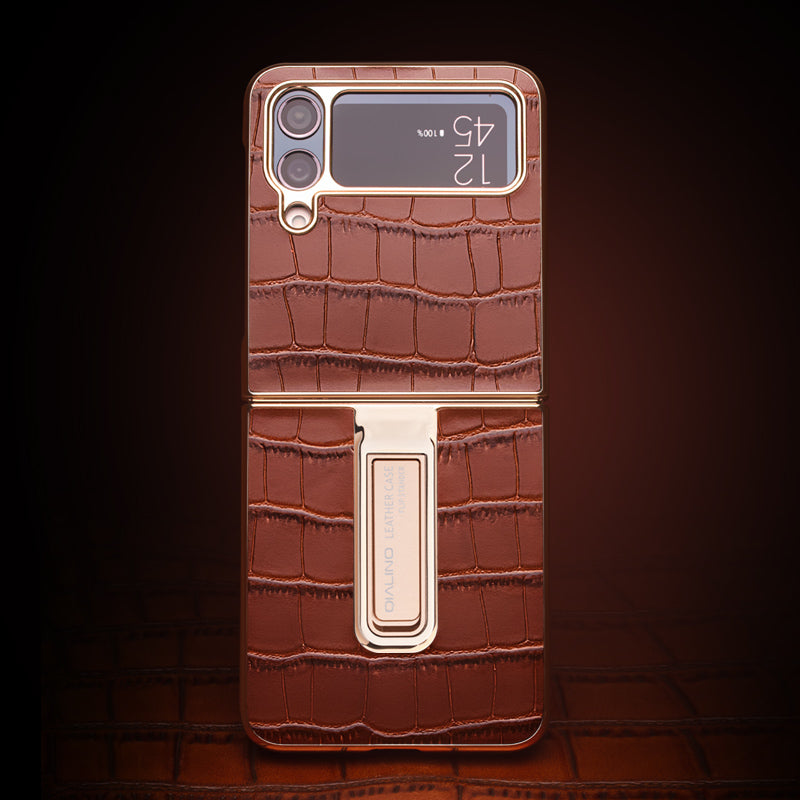 QIALINO Shockproof Case for Samsung Galaxy Z Flip4 5G Hard PC Genuine Leather Cover Anti-Drop Phone Case with Kickstand