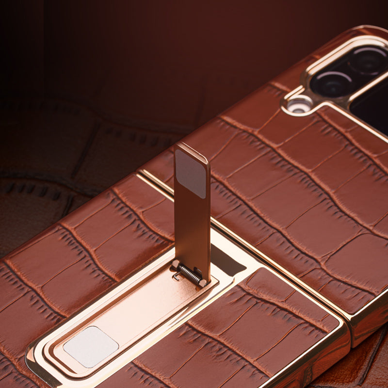 QIALINO Shockproof Case for Samsung Galaxy Z Flip4 5G Hard PC Genuine Leather Cover Anti-Drop Phone Case with Kickstand