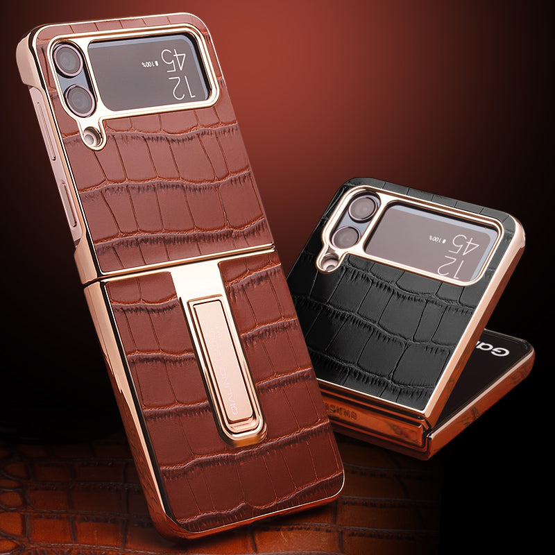 QIALINO Shockproof Case for Samsung Galaxy Z Flip4 5G Hard PC Genuine Leather Cover Anti-Drop Phone Case with Kickstand