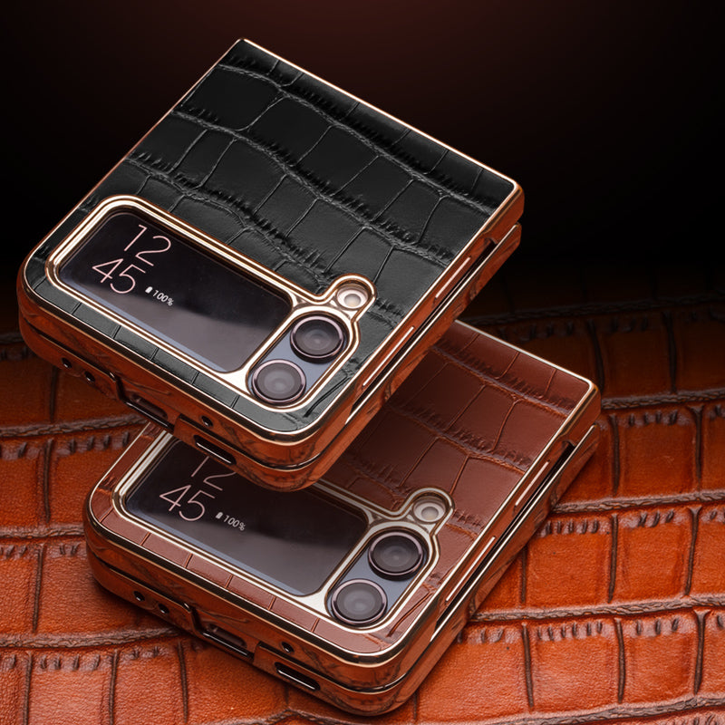 QIALINO Shockproof Case for Samsung Galaxy Z Flip4 5G Hard PC Genuine Leather Cover Anti-Drop Phone Case with Kickstand