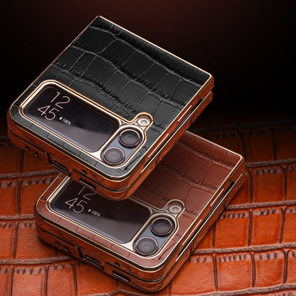 QIALINO Shockproof Case for Samsung Galaxy Z Flip4 5G Hard PC Genuine Leather Cover Anti-Drop Phone Case with Kickstand