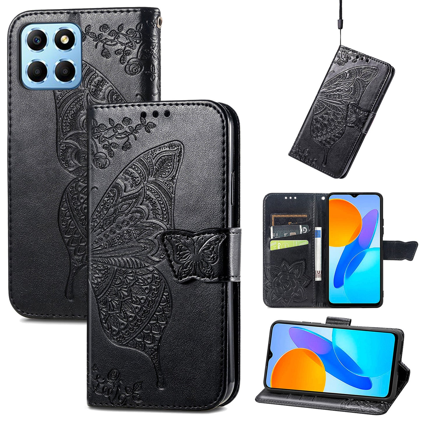 For Honor X8 5G PU Leather Protective Phone Case Imprinted Butterfly Pattern Shockproof Flip Phone Cover with Stand Wallet
