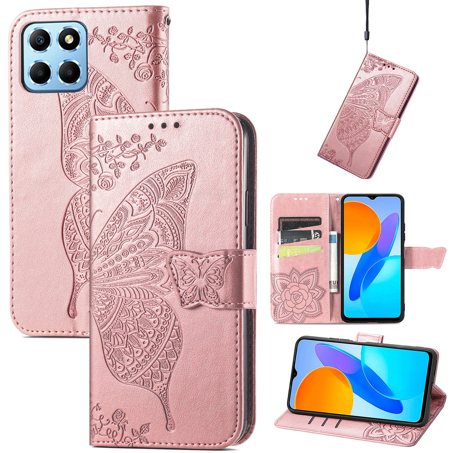 For Honor X8 5G PU Leather Protective Phone Case Imprinted Butterfly Pattern Shockproof Flip Phone Cover with Stand Wallet