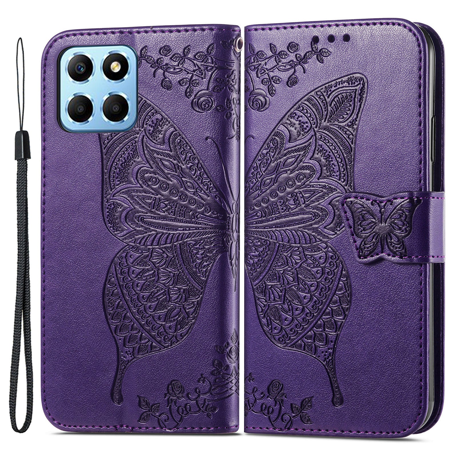 For Honor X8 5G PU Leather Protective Phone Case Imprinted Butterfly Pattern Shockproof Flip Phone Cover with Stand Wallet