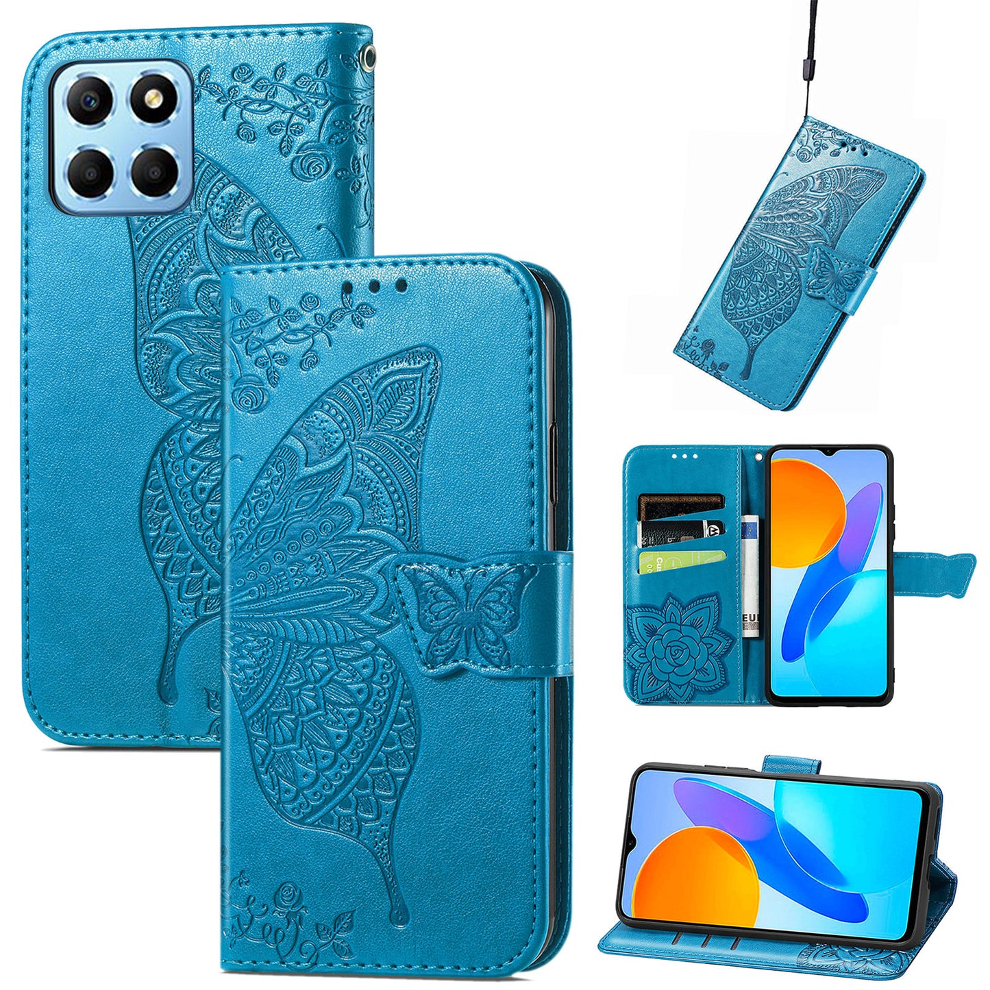 For Honor X8 5G PU Leather Protective Phone Case Imprinted Butterfly Pattern Shockproof Flip Phone Cover with Stand Wallet