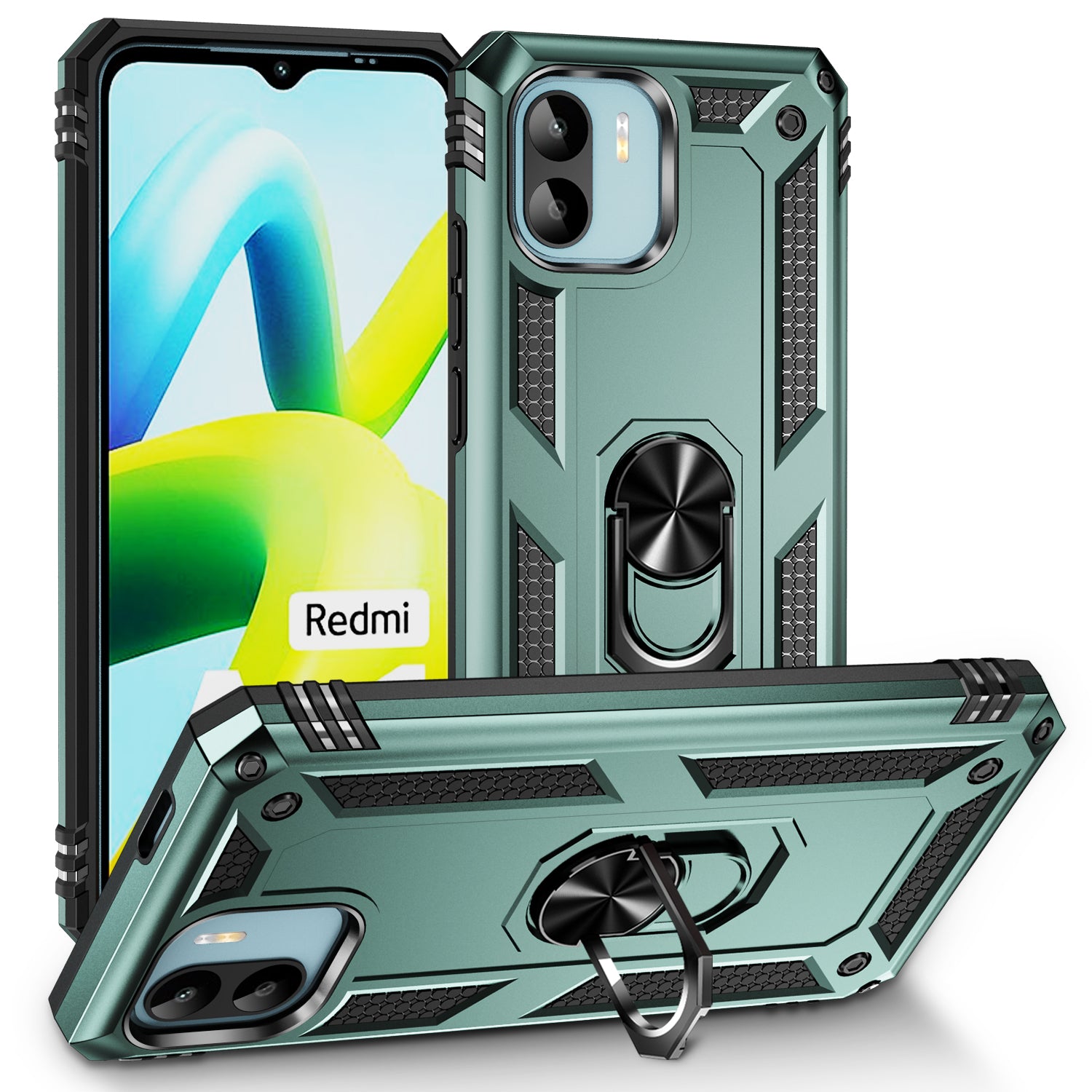 Phone Case for Xiaomi Redmi A1 4G / A2 4G , Military Grade Anti-drop PC + TPU Protective Cover with Ring Kickstand