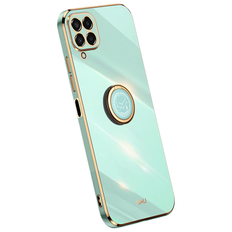 XINLI For Samsung Galaxy M33 5G (Global Version) Precise Lens Cutout Phone Case with Ring Kickstand Electroplating Golden Edge Bump Proof TPU Cover