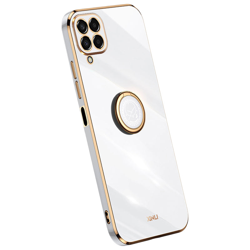 XINLI For Samsung Galaxy M33 5G (Global Version) Precise Lens Cutout Phone Case with Ring Kickstand Electroplating Golden Edge Bump Proof TPU Cover