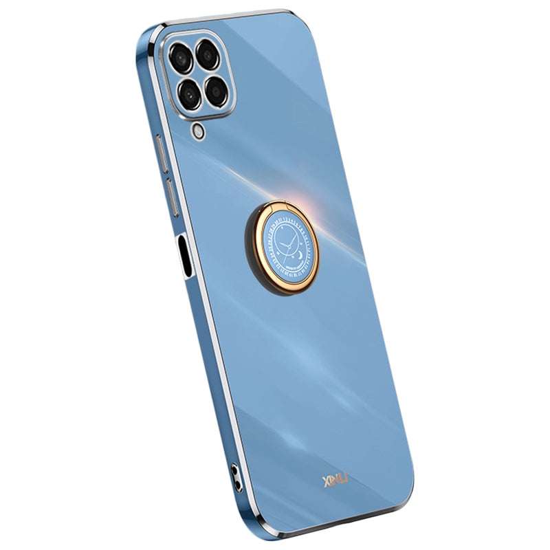 XINLI For Samsung Galaxy M33 5G (Global Version) Precise Lens Cutout Phone Case with Ring Kickstand Electroplating Golden Edge Bump Proof TPU Cover