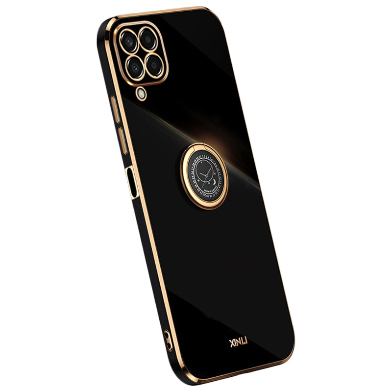 XINLI For Samsung Galaxy M33 5G (Global Version) Precise Lens Cutout Phone Case with Ring Kickstand Electroplating Golden Edge Bump Proof TPU Cover
