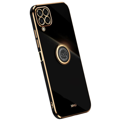 XINLI For Samsung Galaxy M33 5G (Global Version) Precise Lens Cutout Phone Case with Ring Kickstand Electroplating Golden Edge Bump Proof TPU Cover