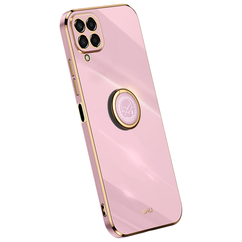 XINLI For Samsung Galaxy M33 5G (Global Version) Precise Lens Cutout Phone Case with Ring Kickstand Electroplating Golden Edge Bump Proof TPU Cover