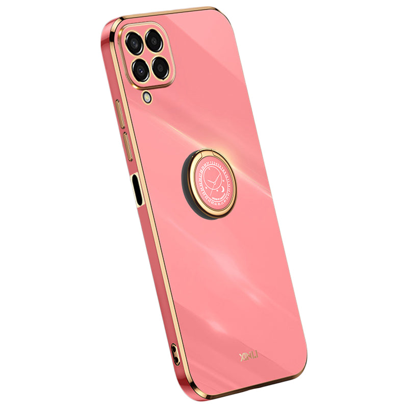 XINLI For Samsung Galaxy M33 5G (Global Version) Precise Lens Cutout Phone Case with Ring Kickstand Electroplating Golden Edge Bump Proof TPU Cover