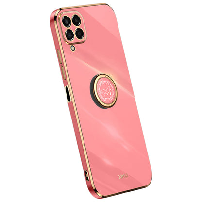 XINLI For Samsung Galaxy M33 5G (Global Version) Precise Lens Cutout Phone Case with Ring Kickstand Electroplating Golden Edge Bump Proof TPU Cover