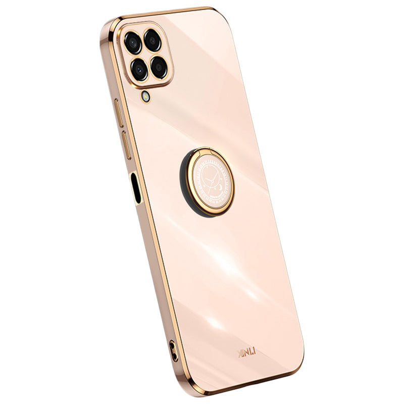 XINLI For Samsung Galaxy M33 5G (Global Version) Precise Lens Cutout Phone Case with Ring Kickstand Electroplating Golden Edge Bump Proof TPU Cover
