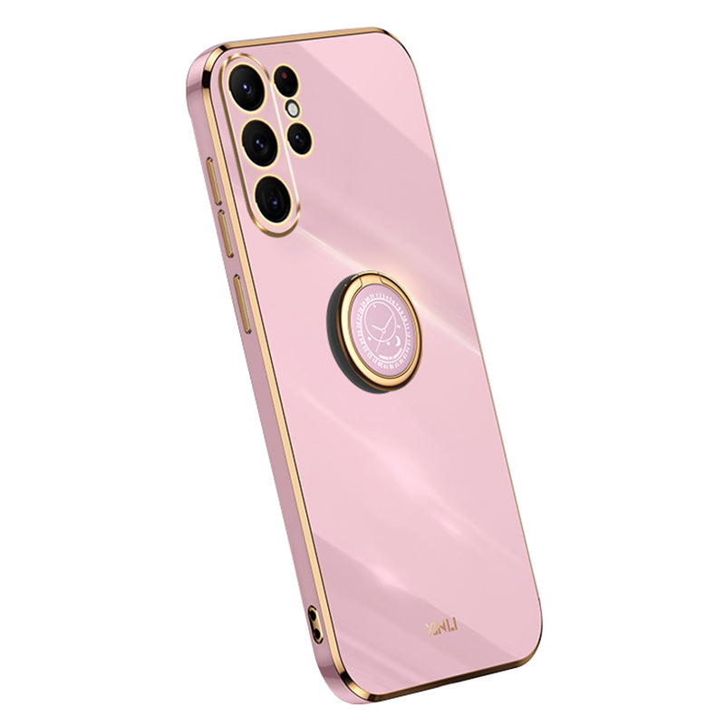 XINLI Phone Back Cover For Samsung Galaxy S22 Ultra 5G, Ring Kickstand TPU Electroplating Drop-proof Phone Case