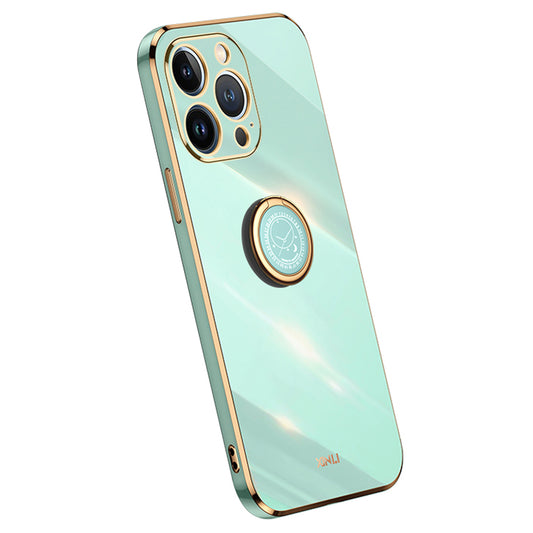 XINLI For iPhone 13 Pro 6.1 inch Ring Kickstand Shockproof TPU Back Shell, Electroplating Golden Edge Case Cover