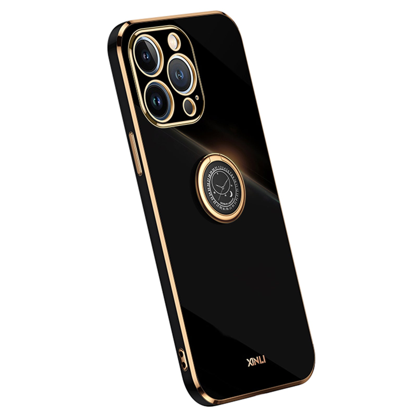 XINLI For iPhone 13 Pro 6.1 inch Ring Kickstand Shockproof TPU Back Shell, Electroplating Golden Edge Case Cover