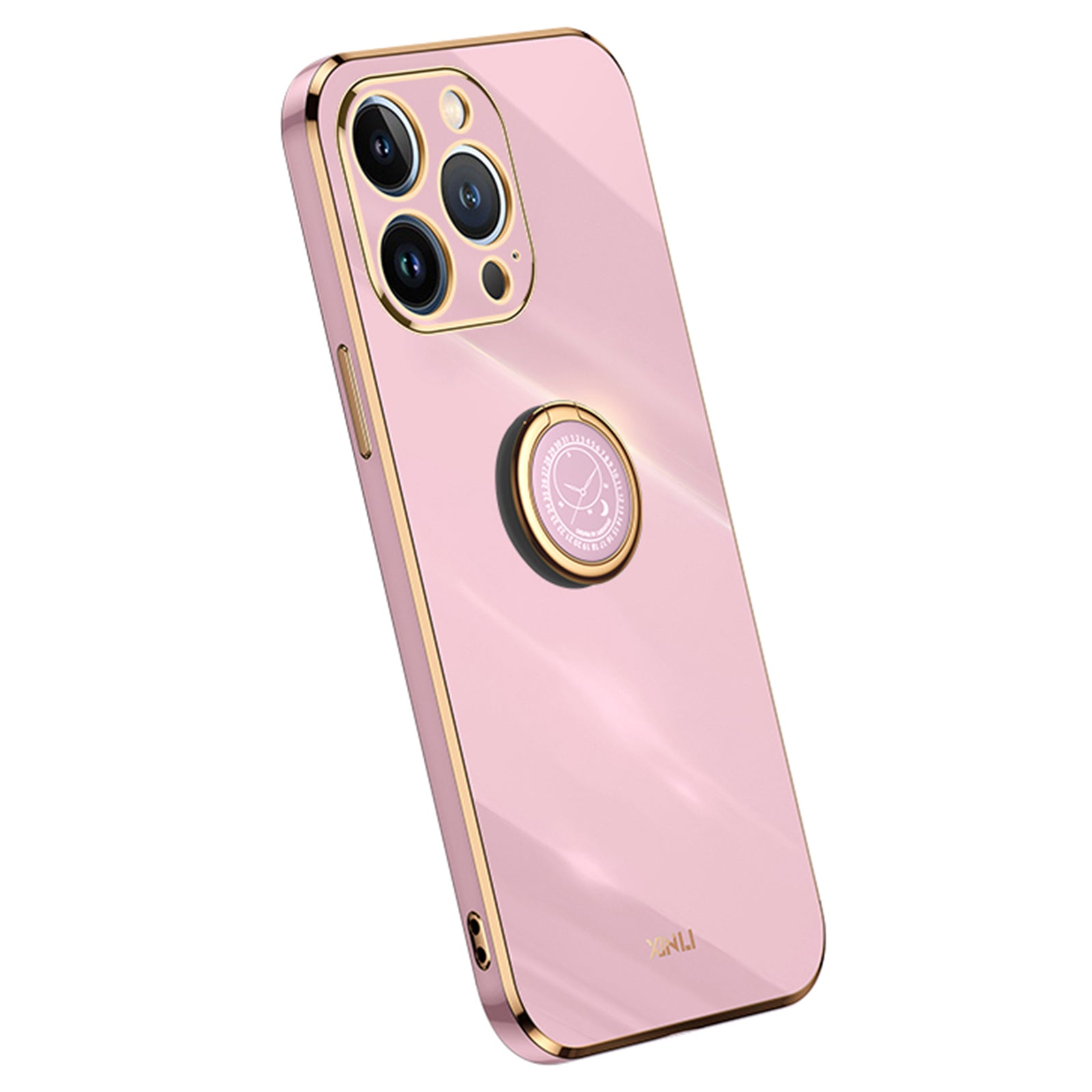XINLI For iPhone 13 Pro 6.1 inch Ring Kickstand Shockproof TPU Back Shell, Electroplating Golden Edge Case Cover