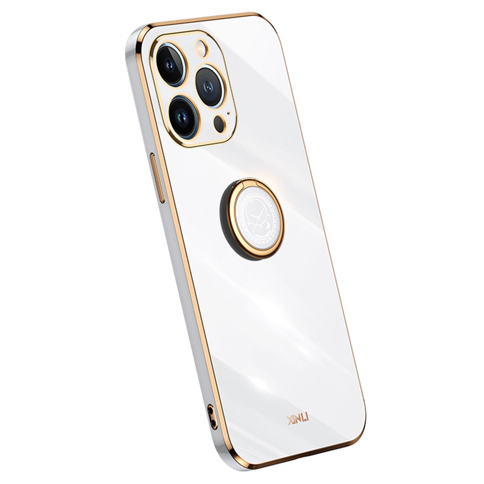 XINLI For iPhone 13 Pro 6.1 inch Ring Kickstand Shockproof TPU Back Shell, Electroplating Golden Edge Case Cover