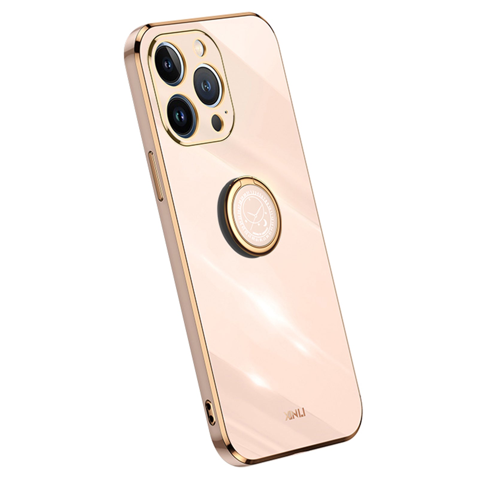 XINLI For iPhone 13 Pro 6.1 inch Ring Kickstand Shockproof TPU Back Shell, Electroplating Golden Edge Case Cover
