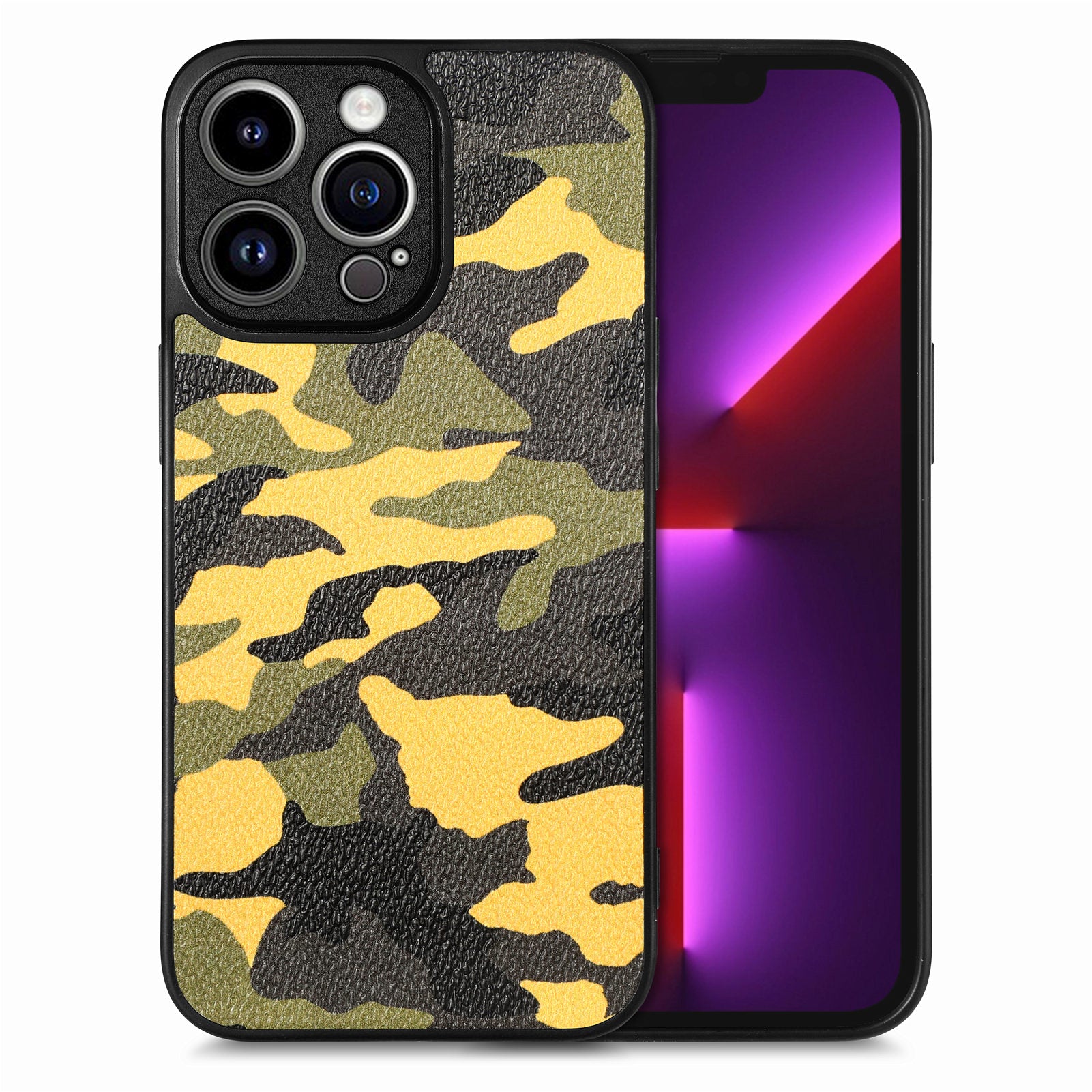 Protective Phone Cover for iPhone 13 Pro, Camouflage Pattern Leather Coated PC+TPU Case