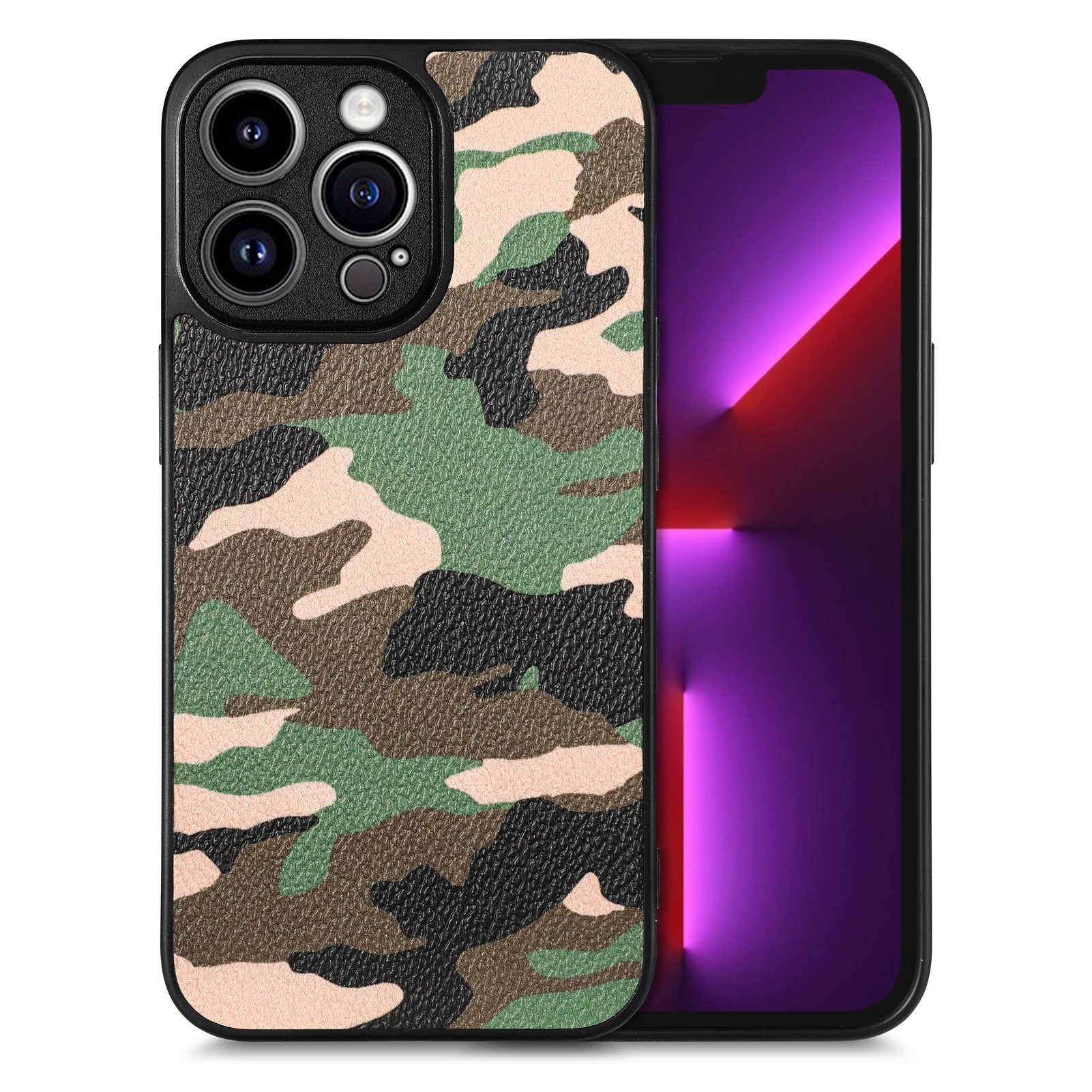 Protective Phone Cover for iPhone 13 Pro, Camouflage Pattern Leather Coated PC+TPU Case