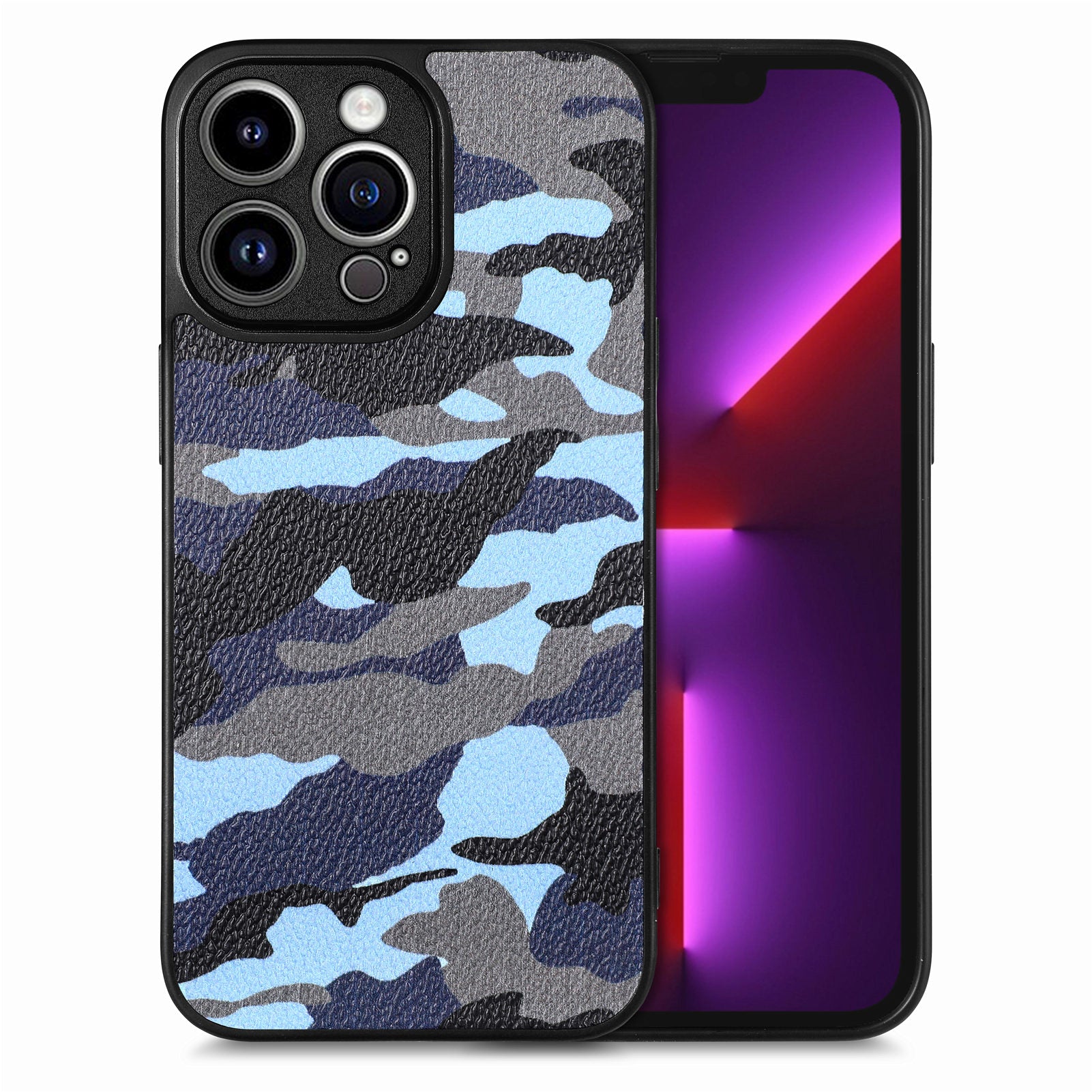 Protective Phone Cover for iPhone 13 Pro, Camouflage Pattern Leather Coated PC+TPU Case