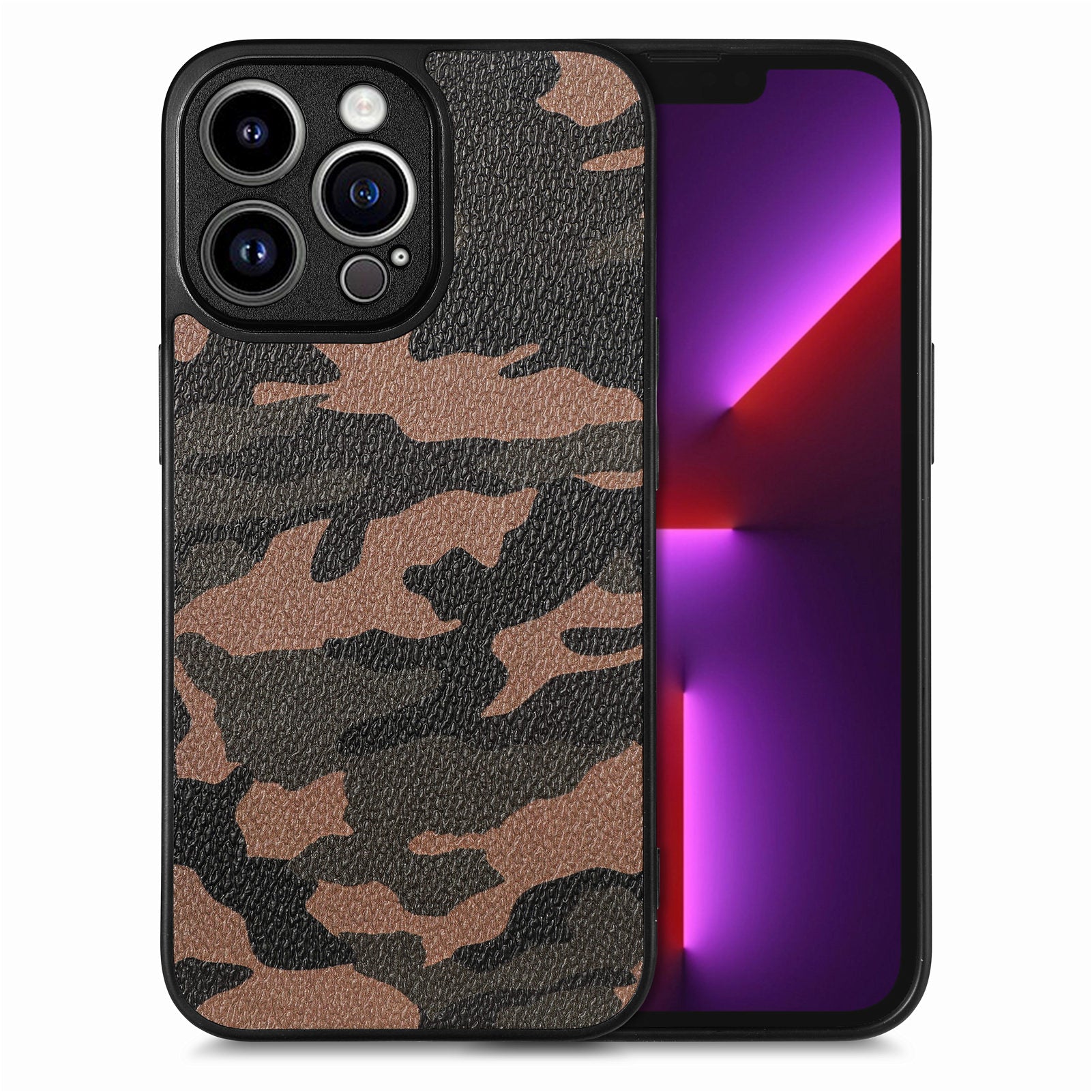 Protective Phone Cover for iPhone 13 Pro, Camouflage Pattern Leather Coated PC+TPU Case