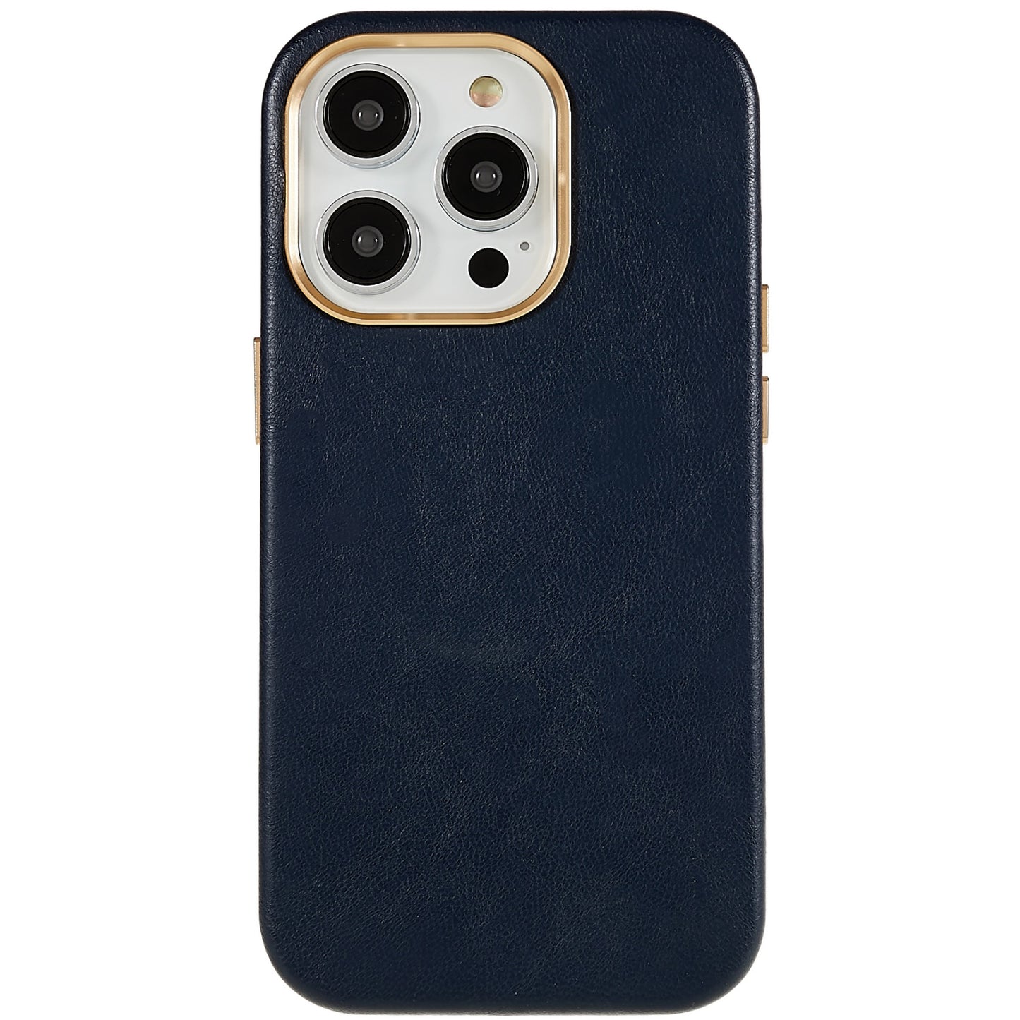 For iPhone 13 Pro 6.1 inch Metal Button Design Phone Cover PU Leather+PC Business Phone Case with Metal Lens Ring Frame