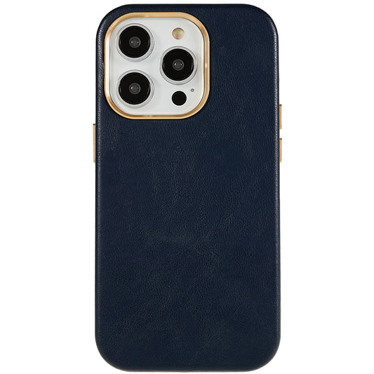 For iPhone 13 Pro 6.1 inch Metal Button Design Phone Cover PU Leather+PC Business Phone Case with Metal Lens Ring Frame