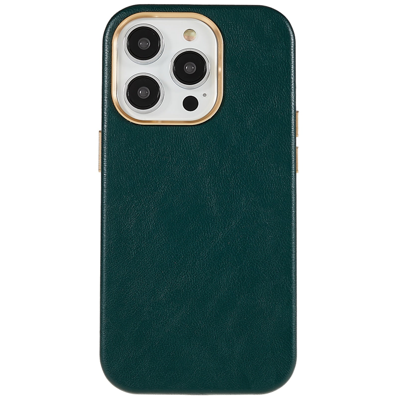 For iPhone 13 Pro 6.1 inch Metal Button Design Phone Cover PU Leather+PC Business Phone Case with Metal Lens Ring Frame