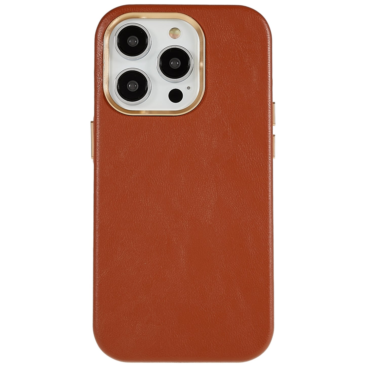 For iPhone 13 Pro 6.1 inch Metal Button Design Phone Cover PU Leather+PC Business Phone Case with Metal Lens Ring Frame