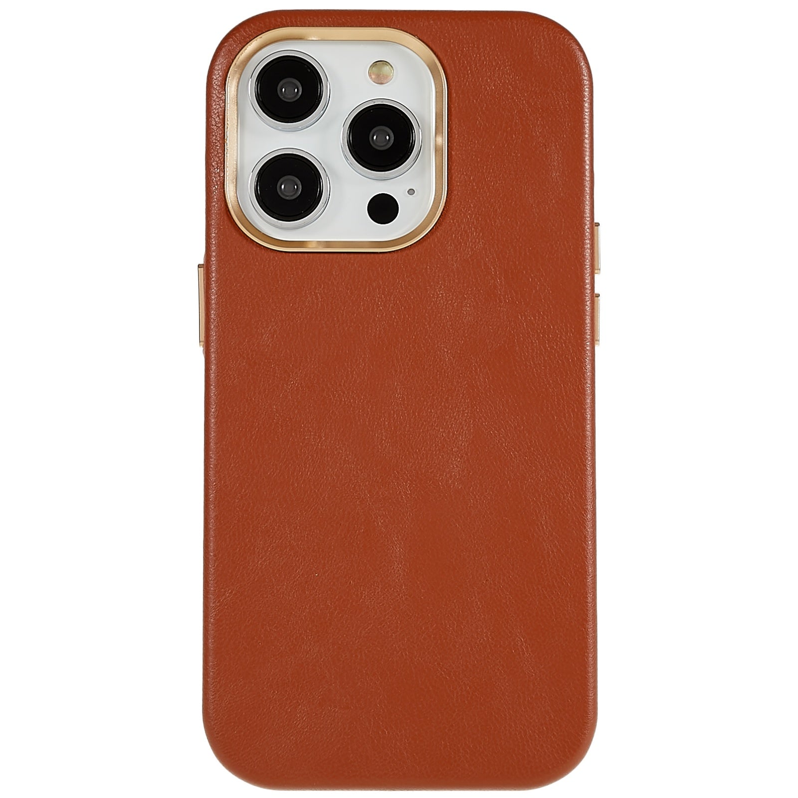 For iPhone 13 Pro 6.1 inch Metal Button Design Phone Cover PU Leather+PC Business Phone Case with Metal Lens Ring Frame