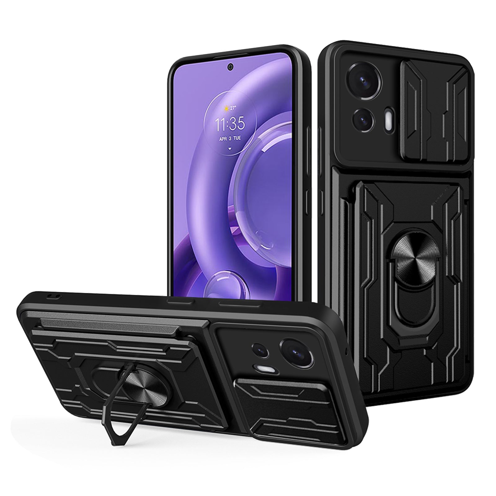 Shockproof Phone Cover For Motorola Edge 30 Neo 5G, Ring Kickstand Phone Case with Slide Camera Protection Card Holder