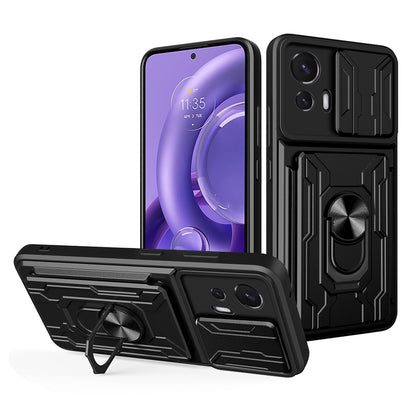Shockproof Phone Cover For Motorola Edge 30 Neo 5G, Ring Kickstand Phone Case with Slide Camera Protection Card Holder