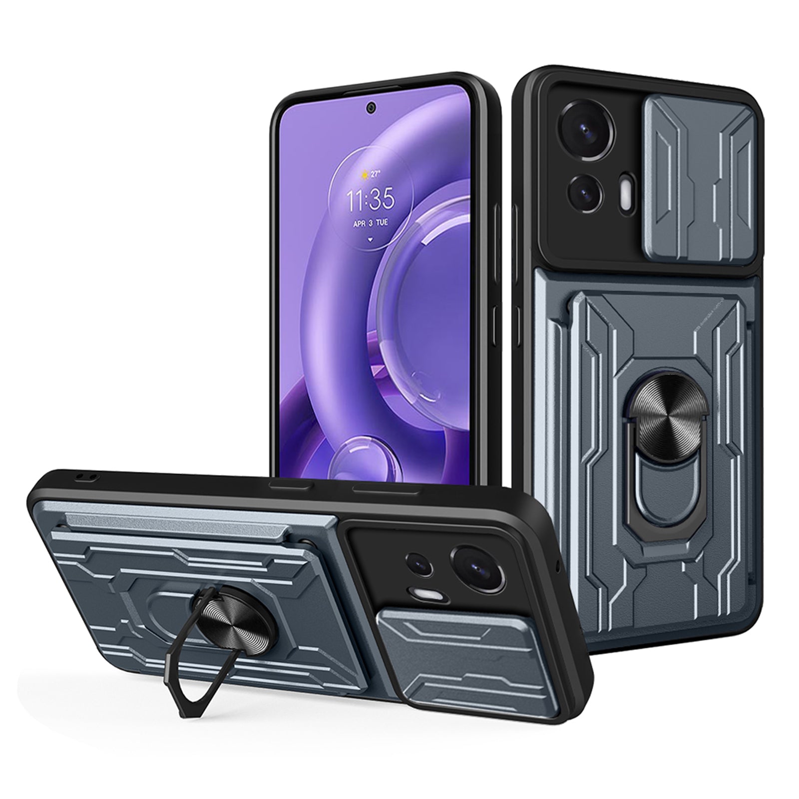 Shockproof Phone Cover For Motorola Edge 30 Neo 5G, Ring Kickstand Phone Case with Slide Camera Protection Card Holder