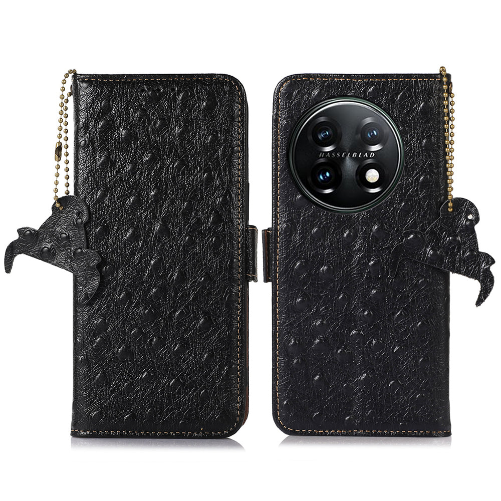 RFID Blocking Phone Cover For OnePlus 11 5G, Ostrich Pattern Leather Shockproof Phone Case with Stand Wallet