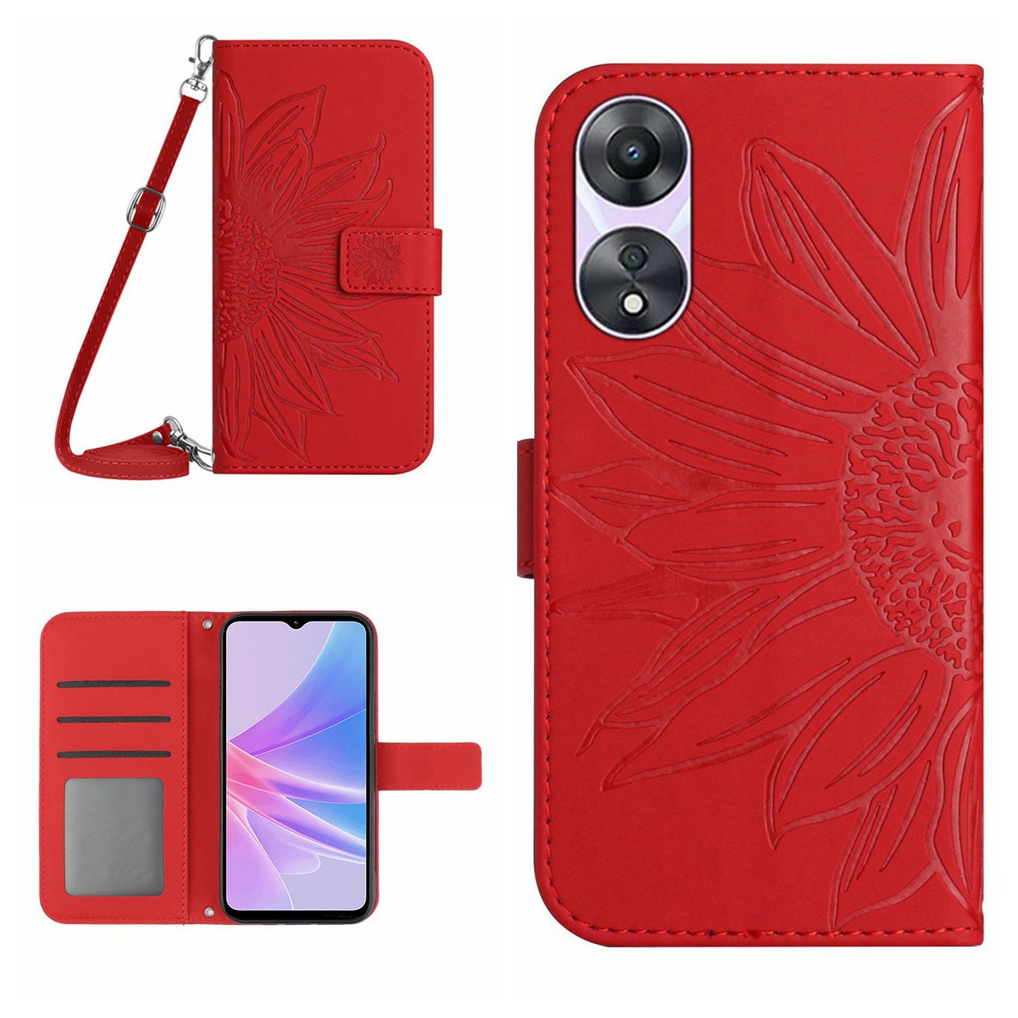 HT04 PU Leather Flip Cover for Oppo A58 5G (China) / A78 5G (Global Version), Sunflower Imprinted Stand Wallet Case with Shoulder Strap