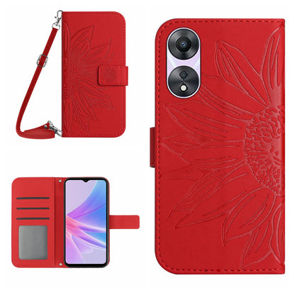 HT04 PU Leather Flip Cover for Oppo A58 5G (China) / A78 5G (Global Version), Sunflower Imprinted Stand Wallet Case with Shoulder Strap