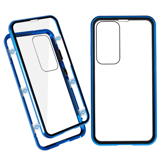 Double Sided Clear Tempered Glass Phone Case for Samsung Galaxy S23 , Magnet Absorption Metal Bumper Frame Shockproof Cover