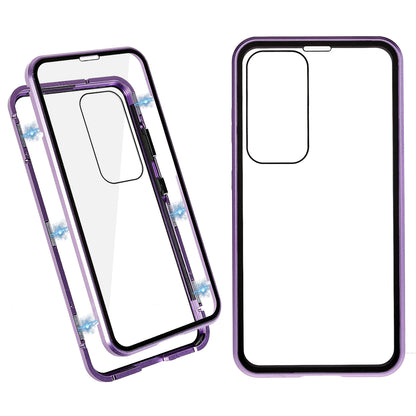 Double Sided Clear Tempered Glass Phone Case for Samsung Galaxy S23 , Magnet Absorption Metal Bumper Frame Shockproof Cover