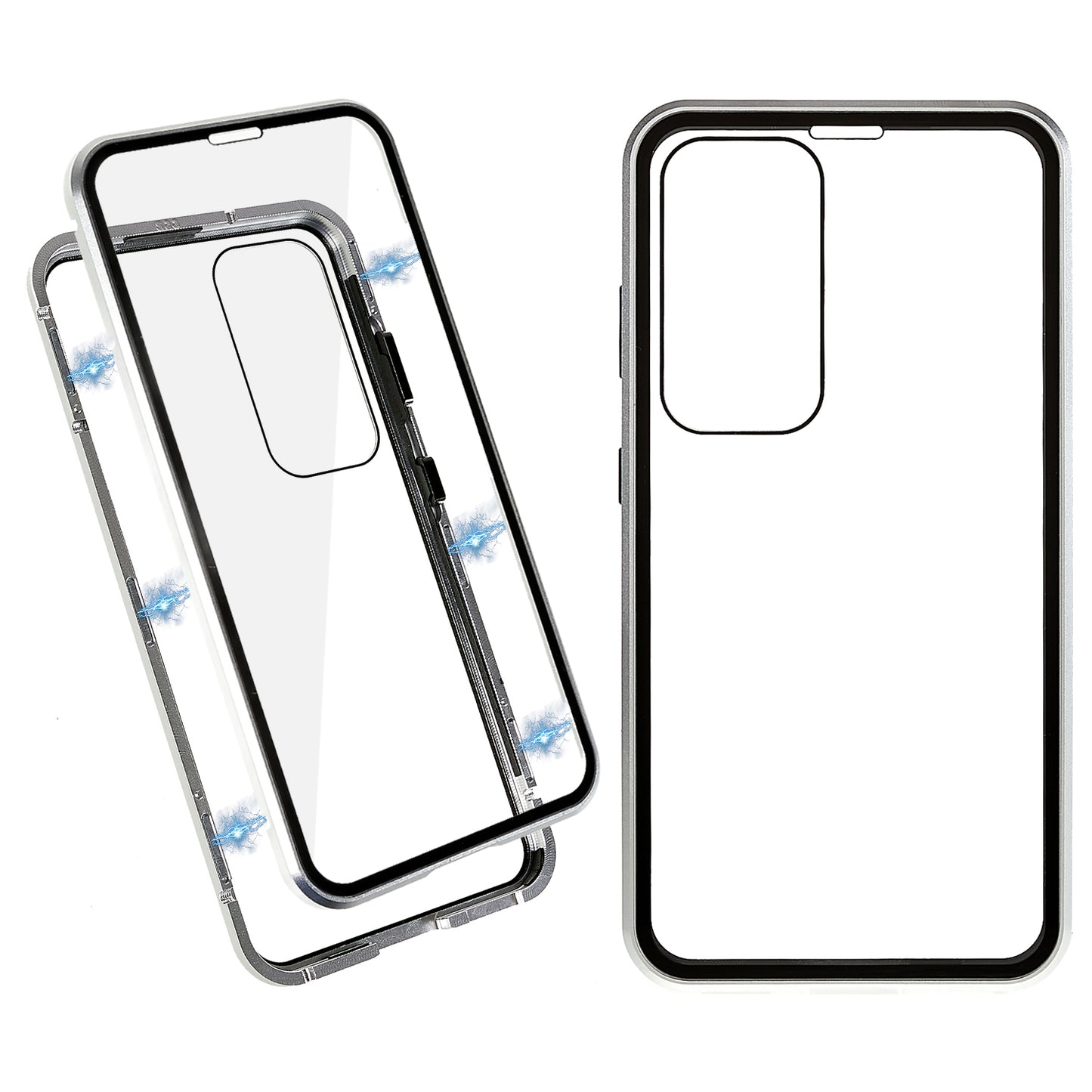 Double Sided Clear Tempered Glass Phone Case for Samsung Galaxy S23 , Magnet Absorption Metal Bumper Frame Shockproof Cover