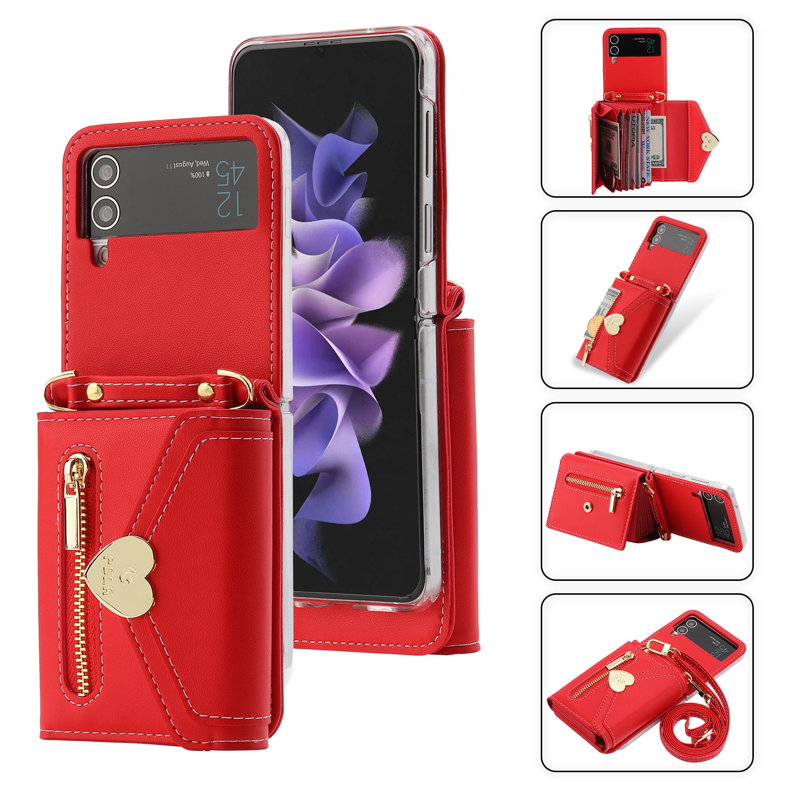 POLA For Samsung Galaxy Z Flip4 5G PU Leather Credit Holder Phone Case Wallet Kickstand Zipper Pocket Cover